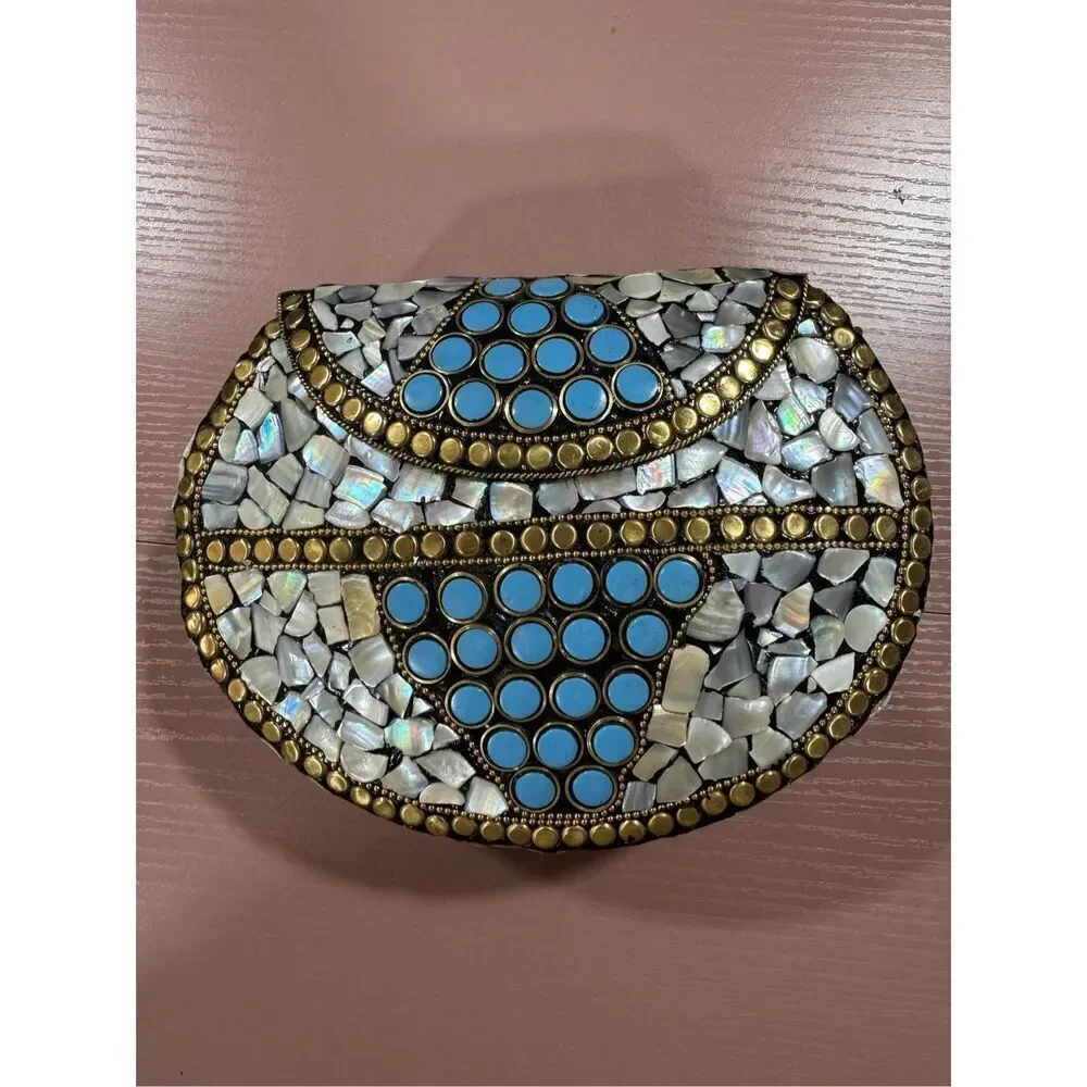 NEW Ramla Porte-Moi Clutch Moroccan Mosaic Pearl and Turquoise Gold Handmade NWO